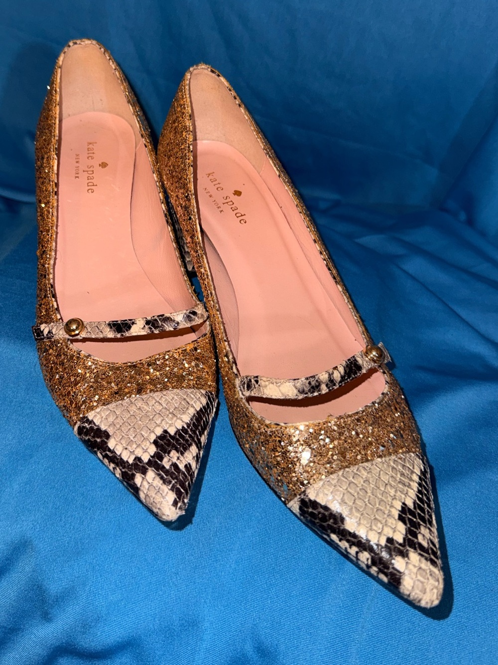 Kate Spade Gold Glitter Pointed Block Heels with Snake-Print